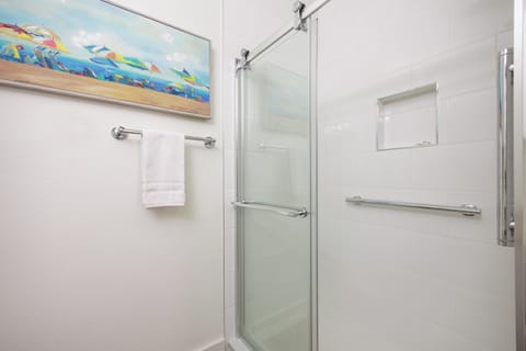 Combined shower/tub, hair dryer, towels