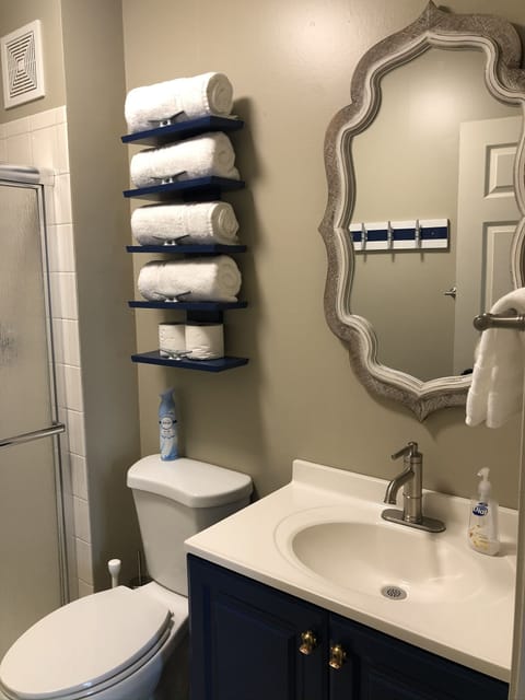 Combined shower/tub, hair dryer, towels, soap