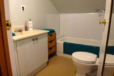 Combined shower/tub, hair dryer, towels, soap