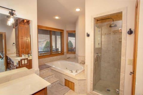 Master Bathroom with Large Enclosed Custom Tile Shower and Makeup Station