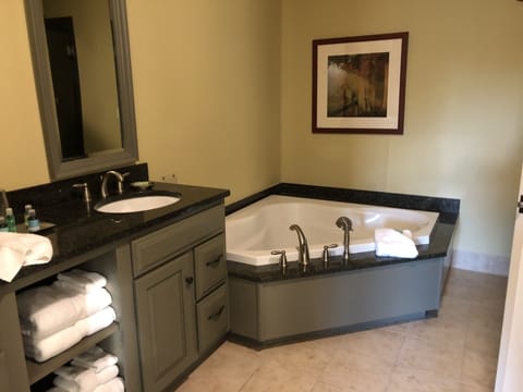 Combined shower/tub, jetted tub, hair dryer, towels