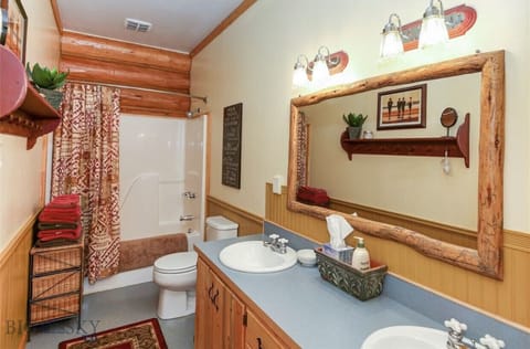 Combined shower/tub, hair dryer, towels, soap