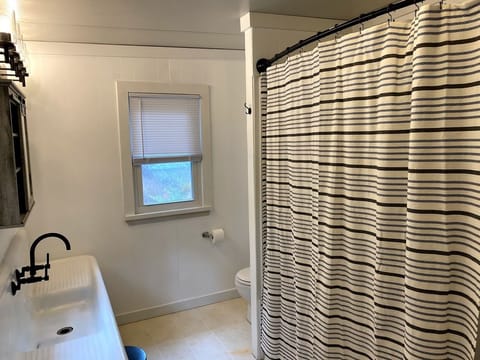 Combined shower/tub, hair dryer, towels, soap