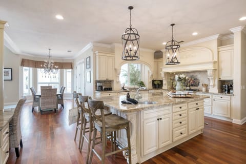 Barstool seating at the kitchen island.