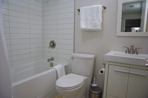 Combined shower/tub, hair dryer, towels, soap