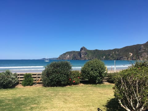 View from balcony over lawn and bay