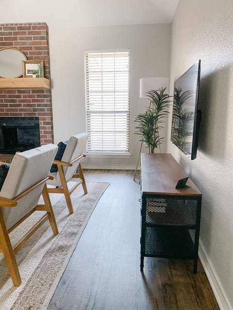 Smart TV, fireplace, books