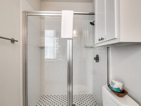 Combined shower/tub, hair dryer, towels