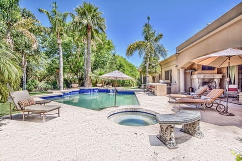 Outdoor pool, a heated pool, sun loungers