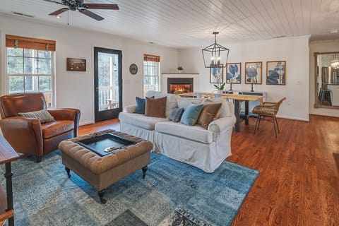 TV, fireplace, books