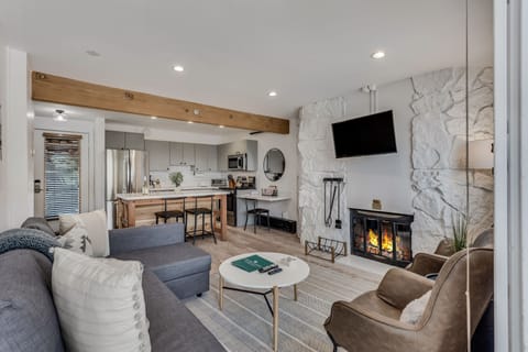 Living room with wood-burning fireplace