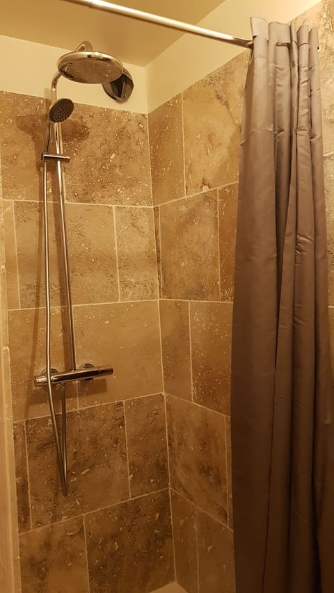 Shower, jetted tub, hair dryer, towels