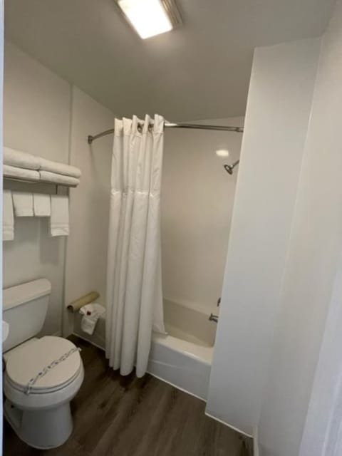 Combined shower/tub, hair dryer, towels, soap