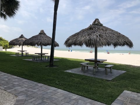 On the beach, sun loungers