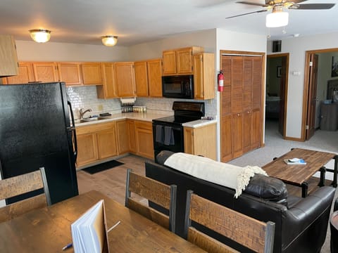 A spacious kitchen right off the living room.