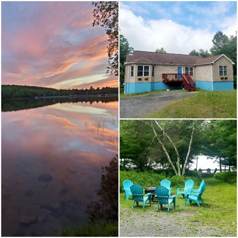 View of the house, view of the lake from the shore, and the fire pit