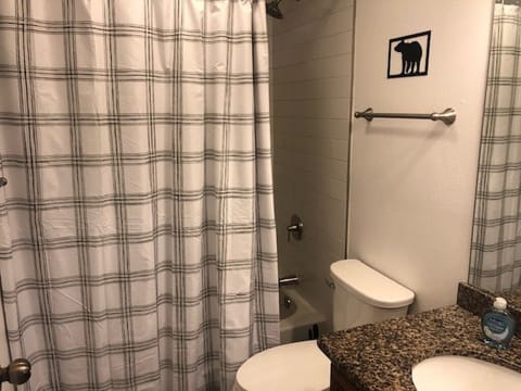 Combined shower/tub, towels, soap, toilet paper