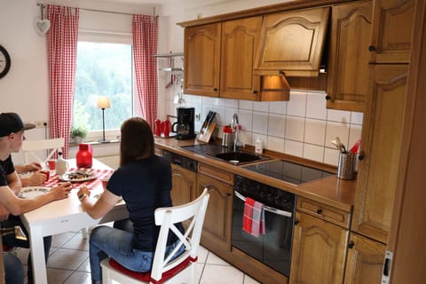 Fridge, stovetop, dishwasher, coffee/tea maker