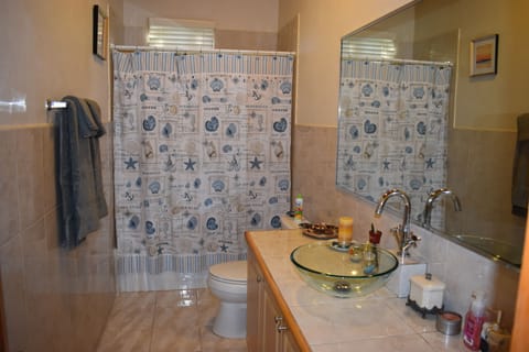 Combined shower/tub, towels, toilet paper