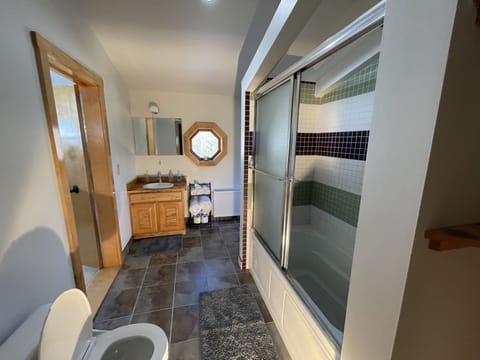 Combined shower/tub, jetted tub, towels, toilet paper