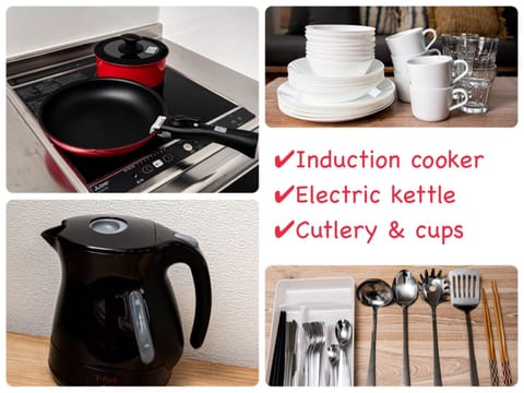 Fridge, microwave, stovetop, electric kettle