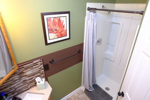 Combined shower/tub, hair dryer, towels, soap