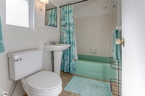 Combined shower/tub, hair dryer, towels, soap