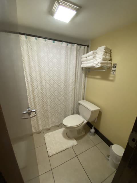 Combined shower/tub, hair dryer, towels, soap