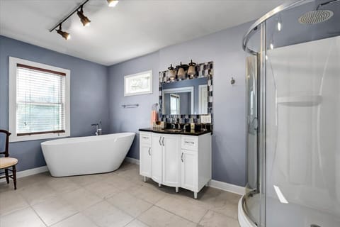 Shower, jetted tub, hair dryer, towels