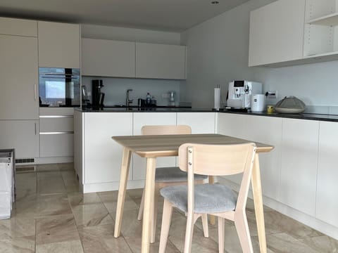 Furniture, Flooring, Interior Design, Floor, Wood, Kitchen, Countertop, Chair, Lighting, Cabinetry