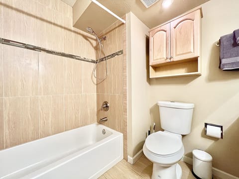 Combined shower/tub, towels, toilet paper