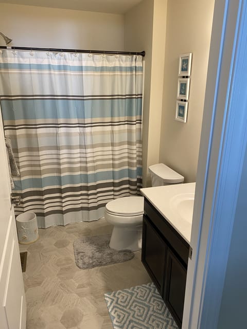 Combined shower/tub, hair dryer, towels, soap