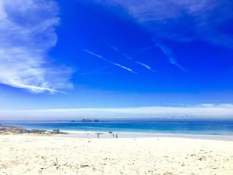 On the beach, sun loungers