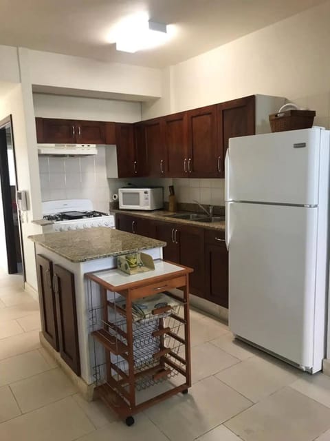 Fridge, stovetop, cookware/dishes/utensils, dining tables