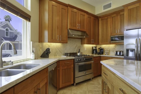 The kitchen has chef grade appliances and is stocked with cooking and serving dish ware. Guest will provide their favorite seasonings and cooking oils.