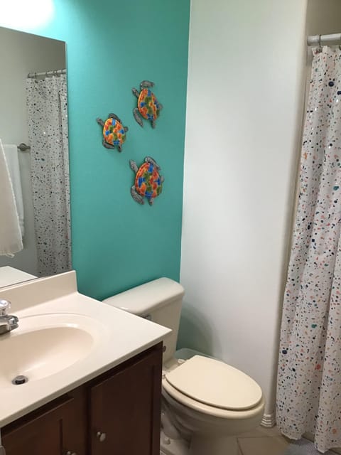 Combined shower/tub, hair dryer, towels