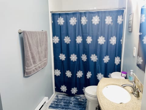 Combined shower/tub, hair dryer, towels, soap