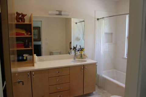 Combined shower/tub, hair dryer, towels, soap