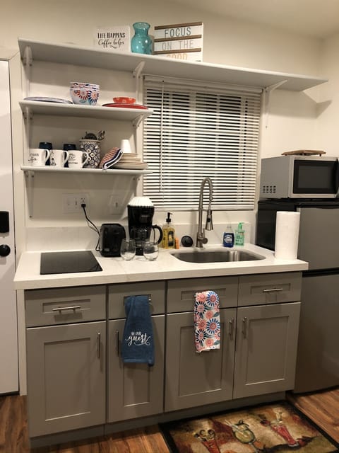 Microwave, stovetop, coffee/tea maker, toaster