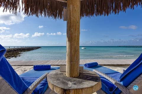 On the beach, sun loungers, beach towels