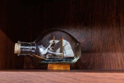 Decorative model ship in a glass case, adding a unique touch to the living room's decor.