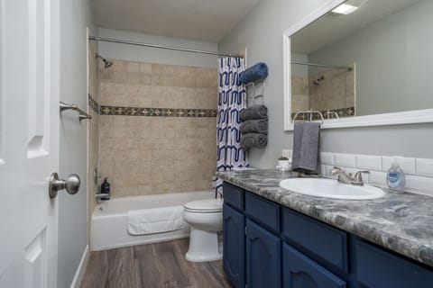 Combined shower/tub, hair dryer, towels, soap