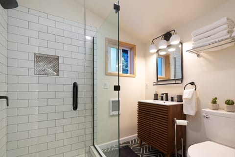 Combined shower/tub, hair dryer, towels