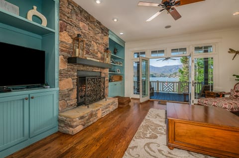 TV, fireplace, books