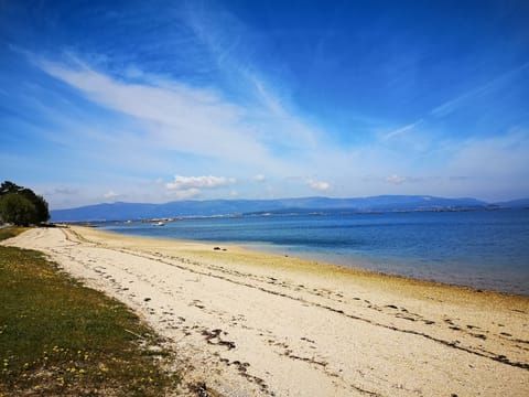 On the beach, sun loungers, beach towels