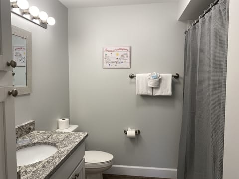 Combined shower/tub, towels