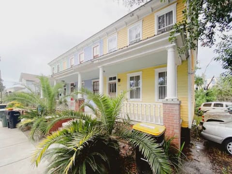 The private entrance to this home is through the middle door.