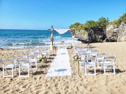 On the beach, sun loungers, beach towels