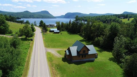 Bird's eye view of the house and Lake Willoughby