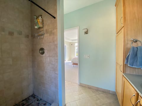 Combined shower/tub, jetted tub, towels, soap